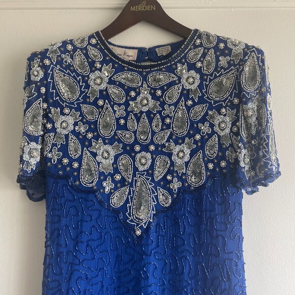 Vintage 80s Laurence Kazar 100% silk royal blue sequin/ beaded mini dress - Picture 3 of 8